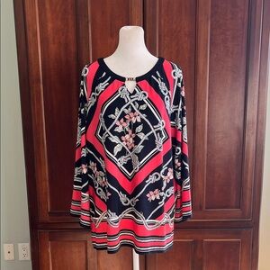 Rafaella Floral Geometric and Coastal Boat Knot Long-Sleeve Top. Navy/Coral Pink